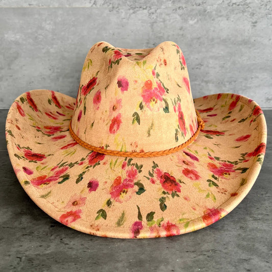 Red Roses Suede Cowboy Hat - Pinched Front