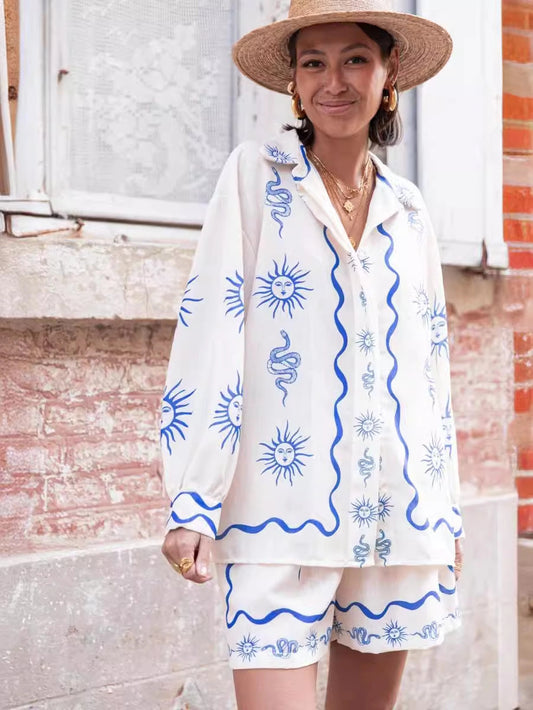 Print Casual Cardigan Shorts Linen Set