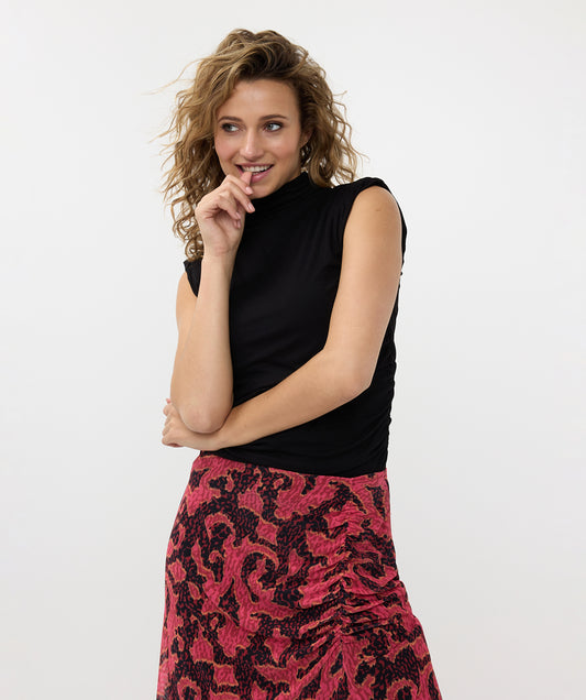 Rib Funnel Neck Pleat Shoulder Top