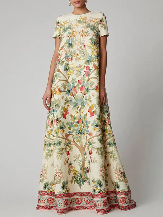 A-Line Loose Flower Print Round-Neck Maxi Dress