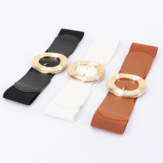 Wide Metal Round Buckle Stretch Belt