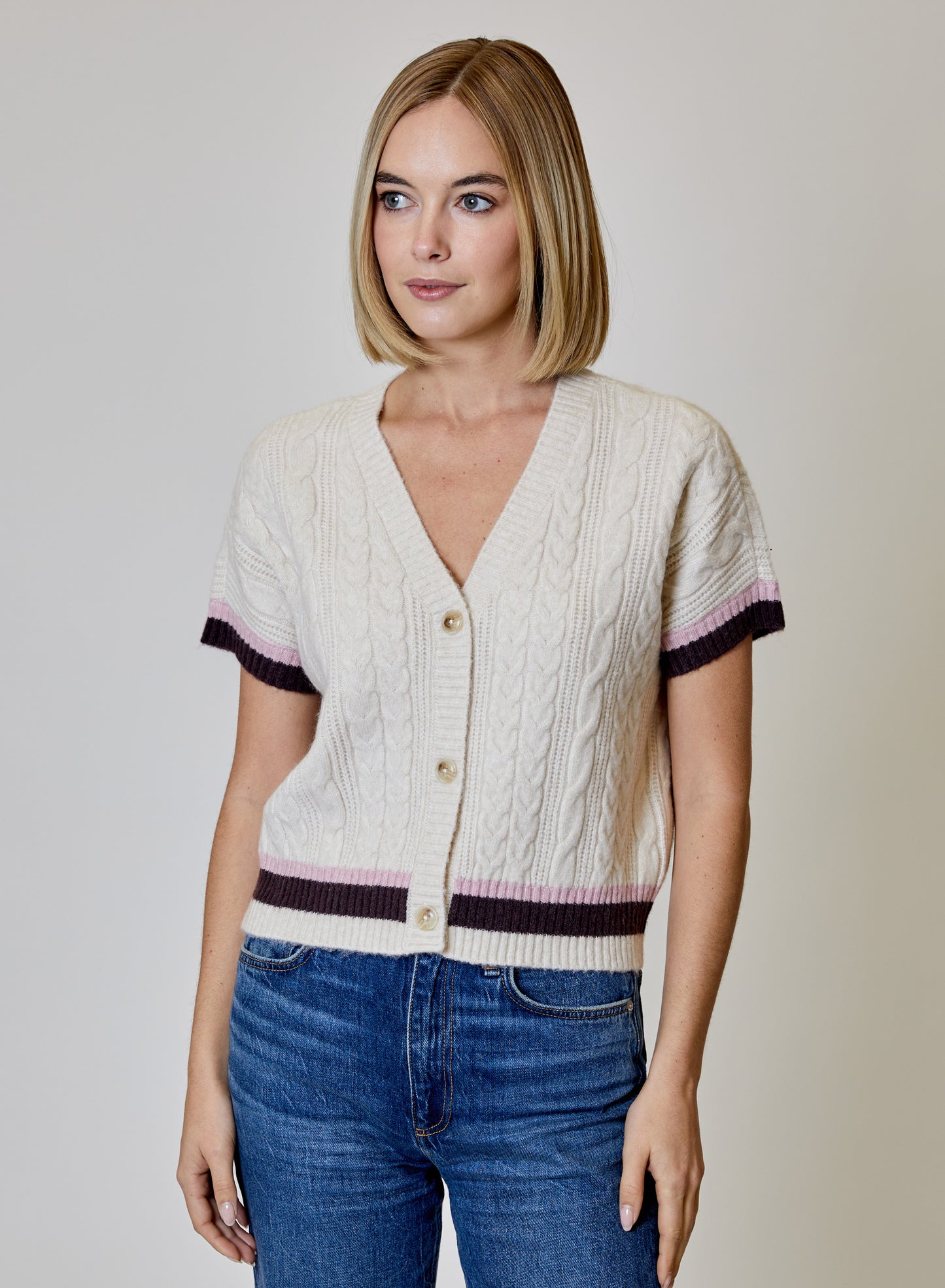 V Neck Short Sleeve Button Front Cardigan