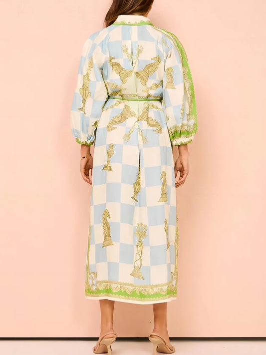 Resort Checkmate Unique Print Belted Shirt Dress