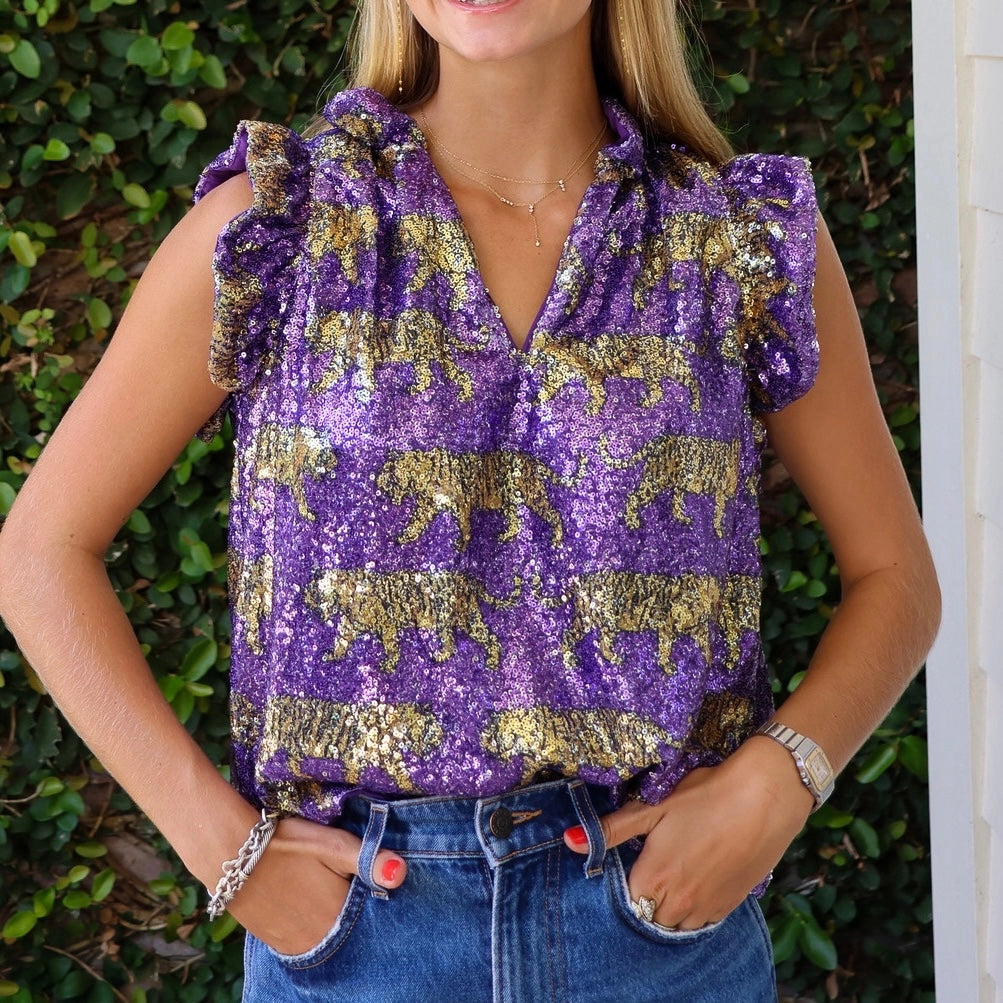 Tiger Sequin Flutter Sleeve Top