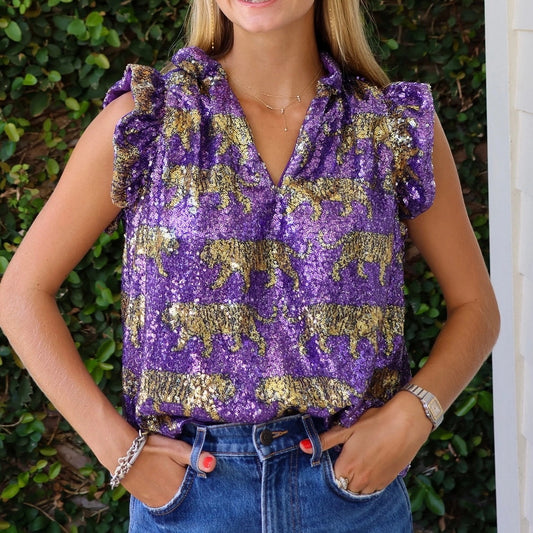 Tiger Sequin Flutter Sleeve Top