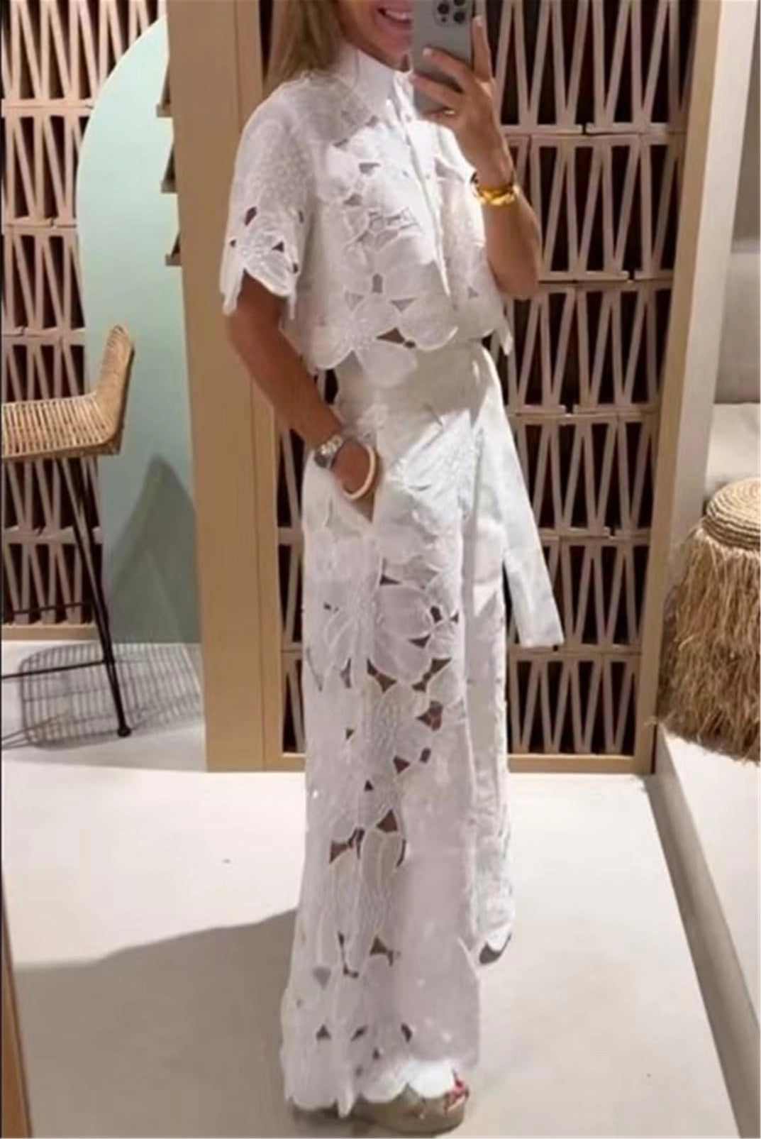Crochet Floral Lace Button-Down Shirts & Wide Leg Pant Set