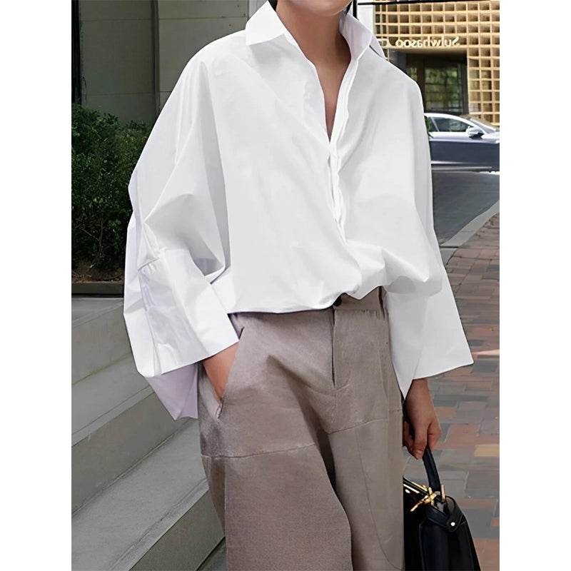 Long Sleeves Loose Solid Color Lapel Collar Blouse