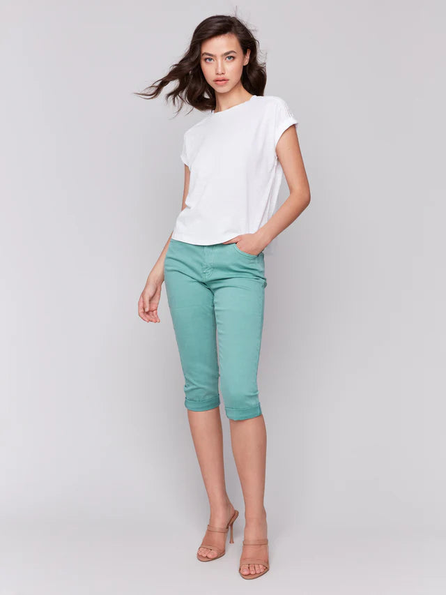 Drop Shoulder Tee with Lace Shoulder Trim