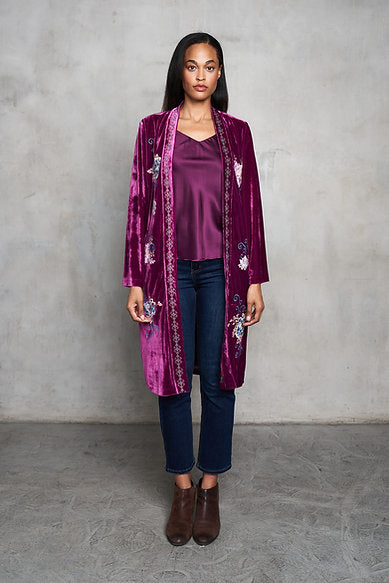 Floral Velvet Embroidered Kimono Duster