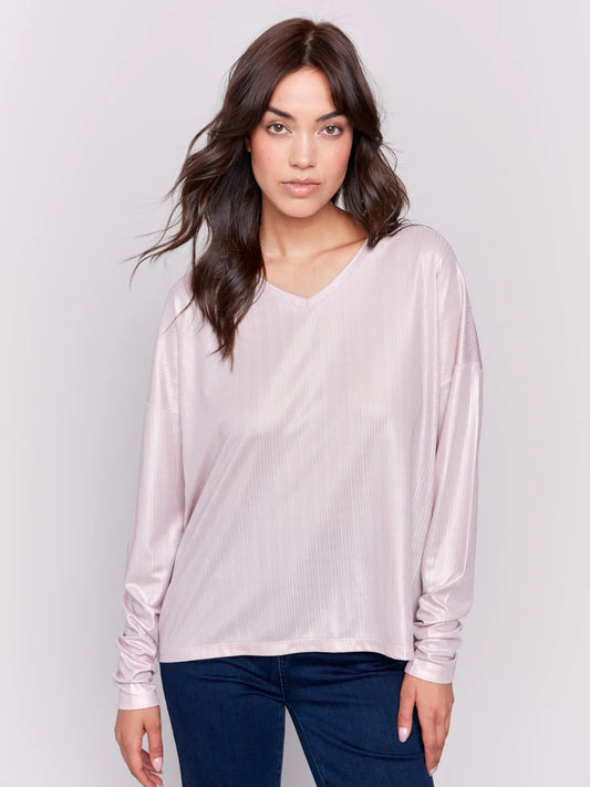Foiled Knit Top With V Neck