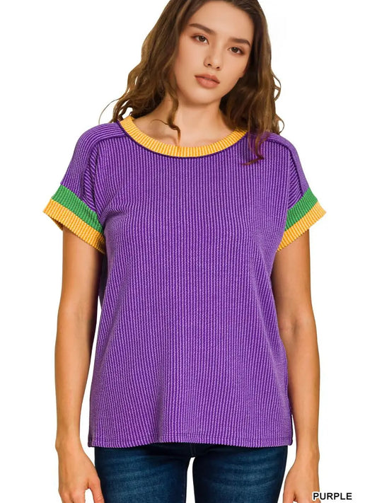 Mardi Gras Raised Rib Contrast Trim Top