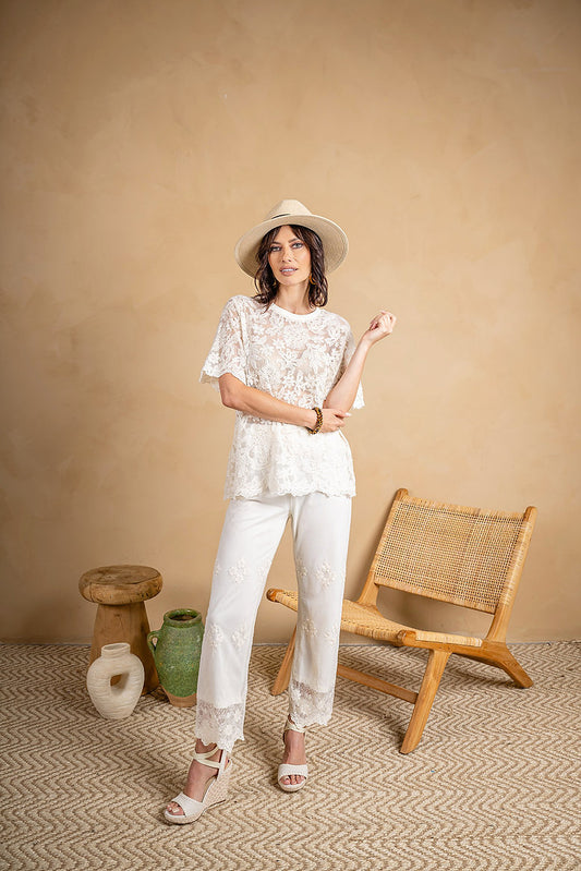 Embroidered Lace Short Sleeve Crew Tee