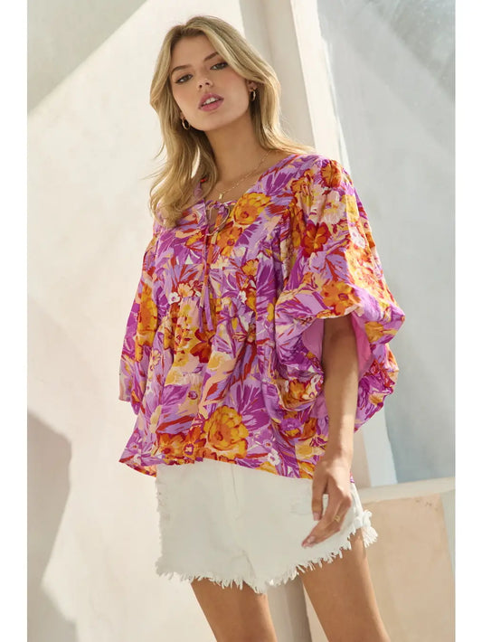 Printed Blouse with Wide Bubble Sleeve