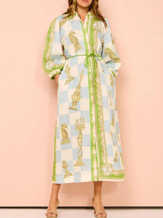 Resort Checkmate Unique Print Belted Shirt Dress