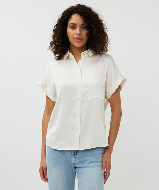 Short Sleeve Satin Pocket Blouse