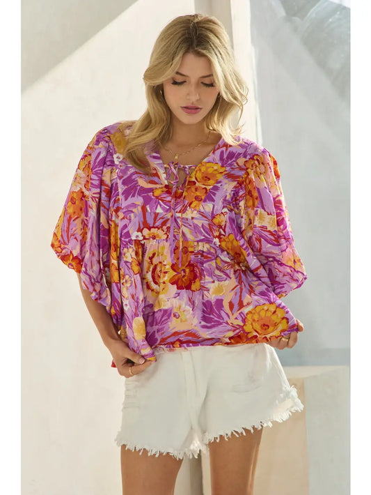 Printed Blouse with Wide Bubble Sleeve