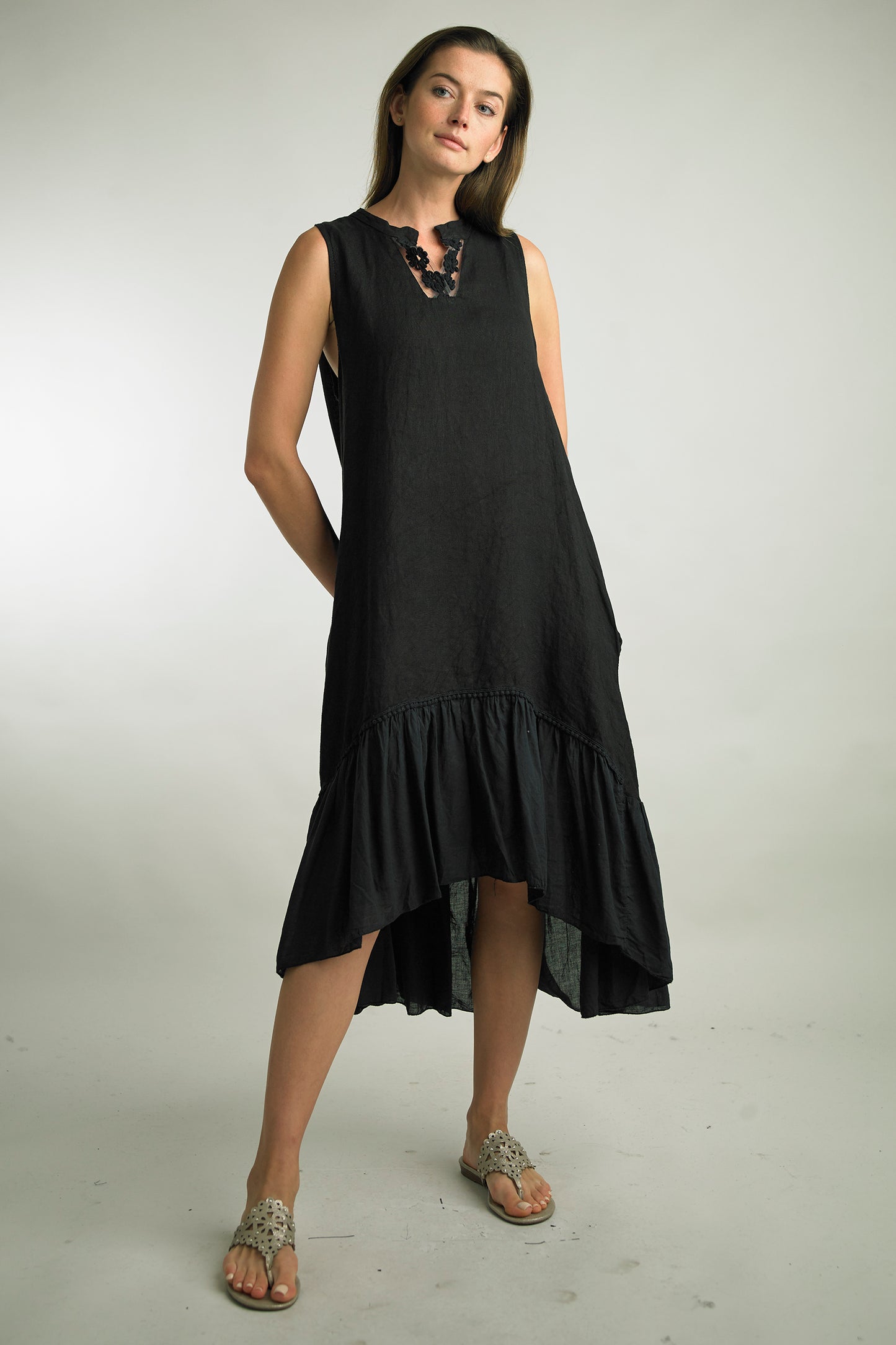 V Neck Cut Linen Dress