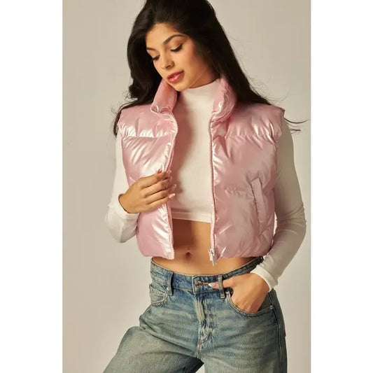 Metallic Cropped Padded Puffer Vest
