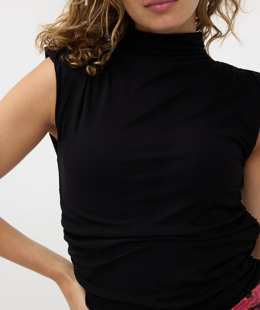 Rib Funnel Neck Pleat Shoulder Top