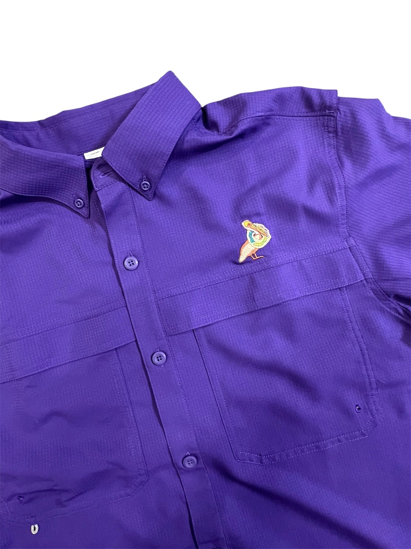 Short Sleeve Fishing Shirt-Mardi Gras Pelican with King Cake