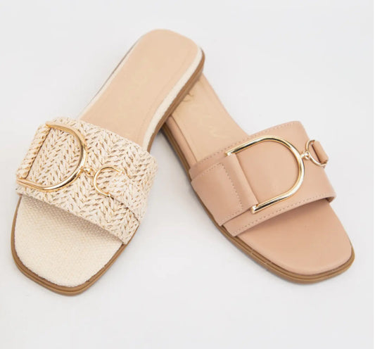 Tina Gold Tone Buckle Strap Slip On Sandals