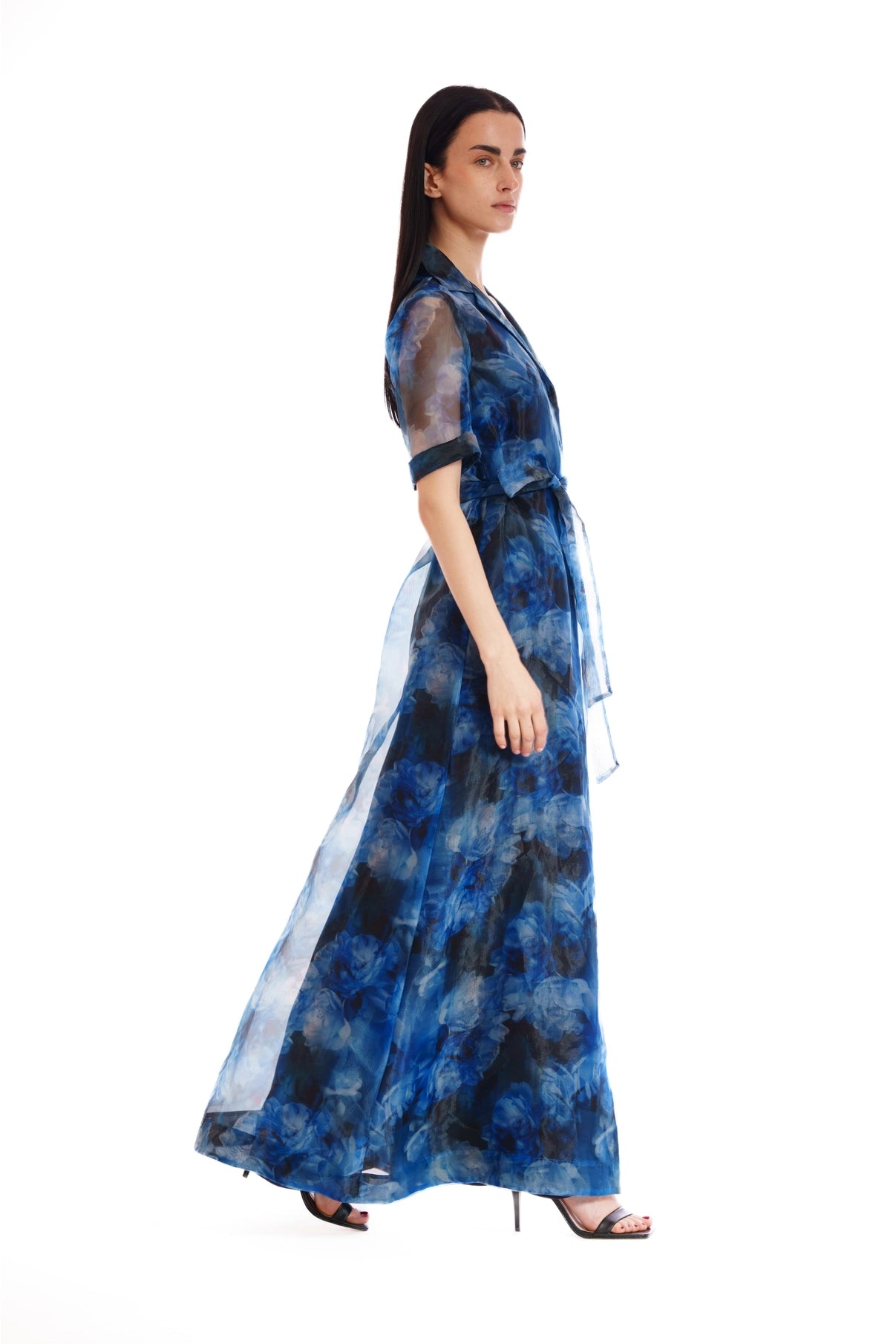 Short Sleeve Printed Organza Shirt Dress Long