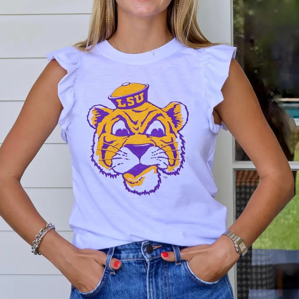 Lsu Sailor Mike White Flutter Sleeve Top