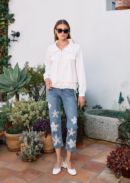 Suzanne Pencil Crop Jean with Flower Appliqués