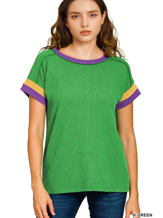 Mardi Gras Raised Rib Contrast Trim Top