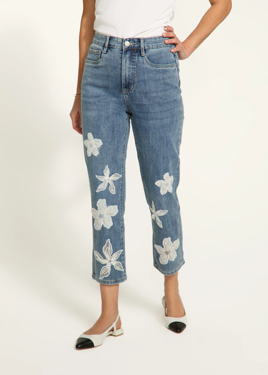 Suzanne Pencil Crop Jean with Flower Appliqués