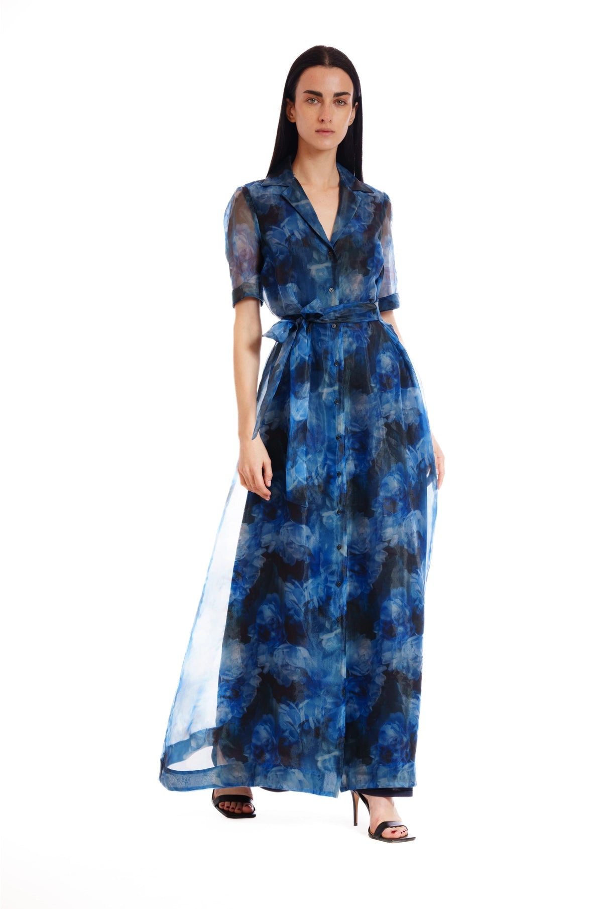 Short Sleeve Printed Organza Shirt Dress Long