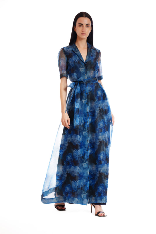 Short Sleeve Printed Organza Shirt Dress Long