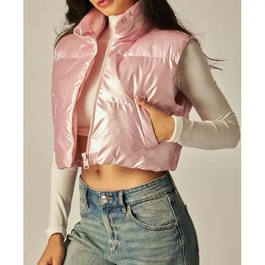 Metallic Cropped Padded Puffer Vest