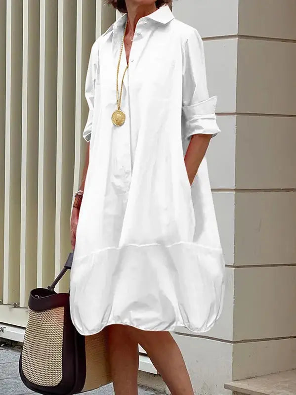 Long Sleeves Loose Solid Color Lapel Collar Mini Dresses
