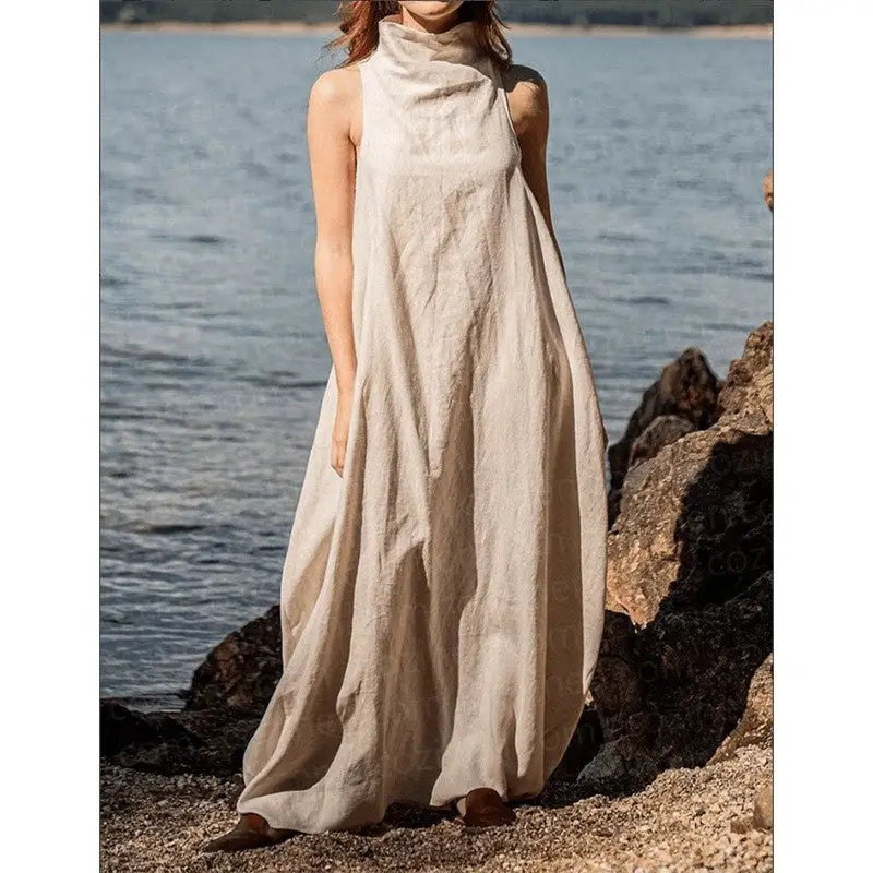Sleeveless Maxi Dress with Mandarin Collar and Back Pleats