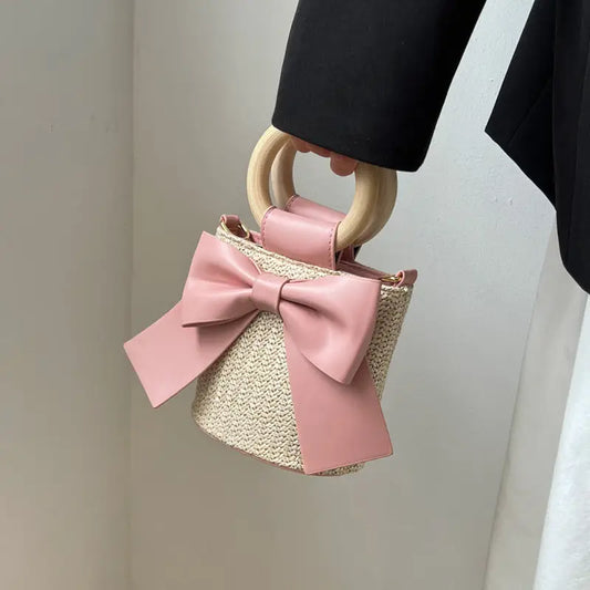 Bohemian Bow Straw Bucket Bag