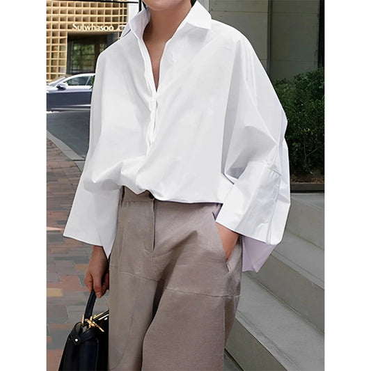 Long Sleeves Loose Solid Color Lapel Collar Blouse