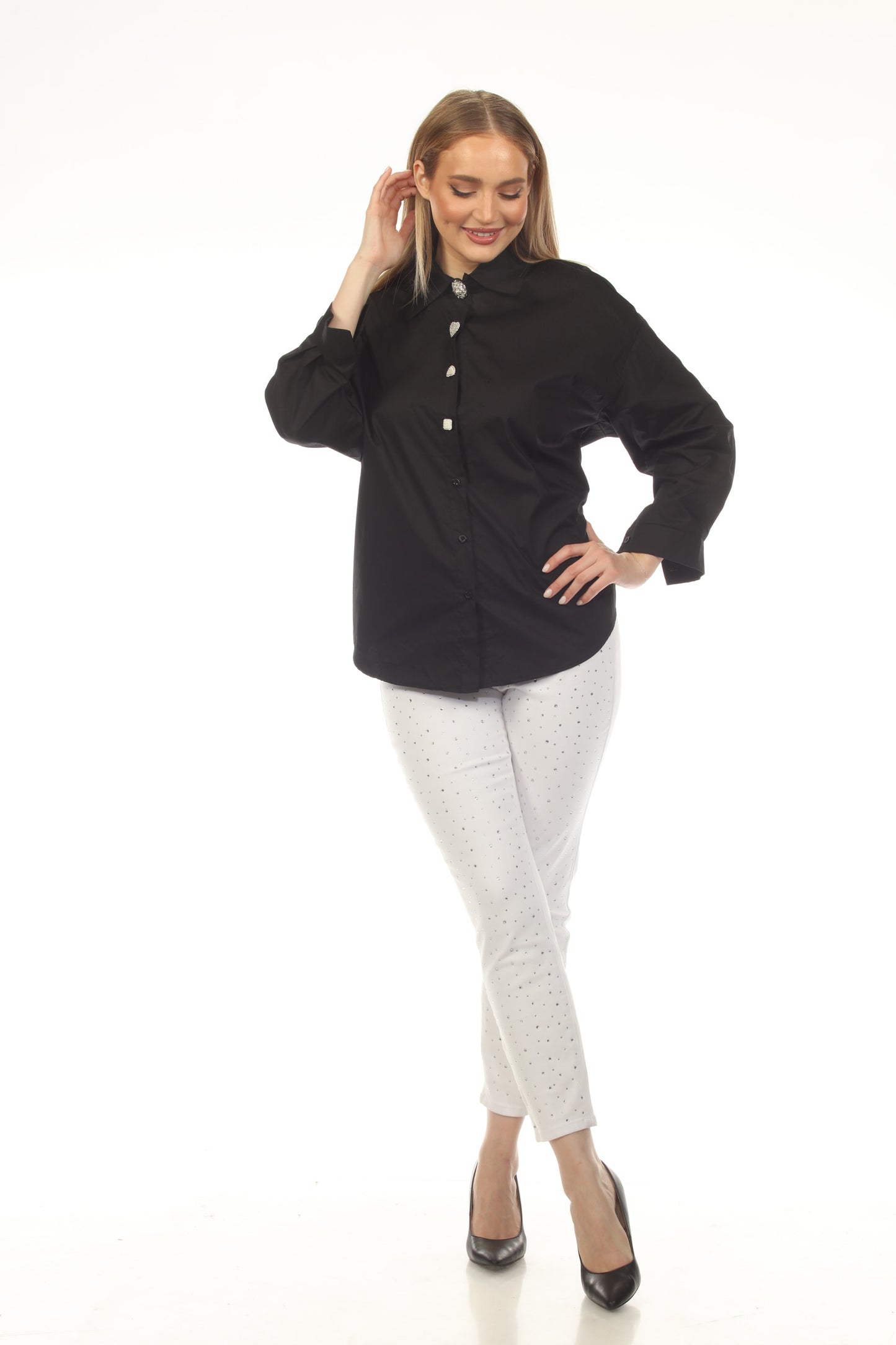 Button Front Blouse with Embellished Buttons