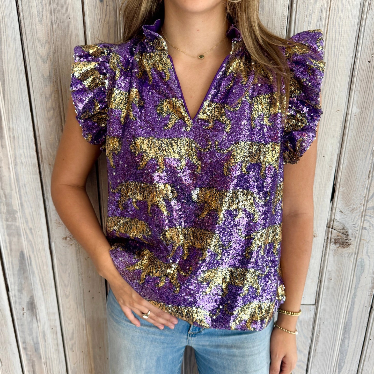 Tiger Sequin Flutter Sleeve Top