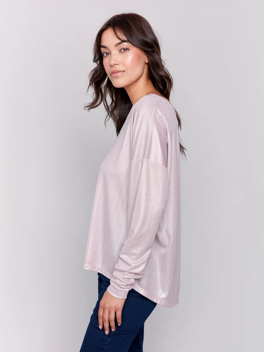 Foiled Knit Top With V Neck