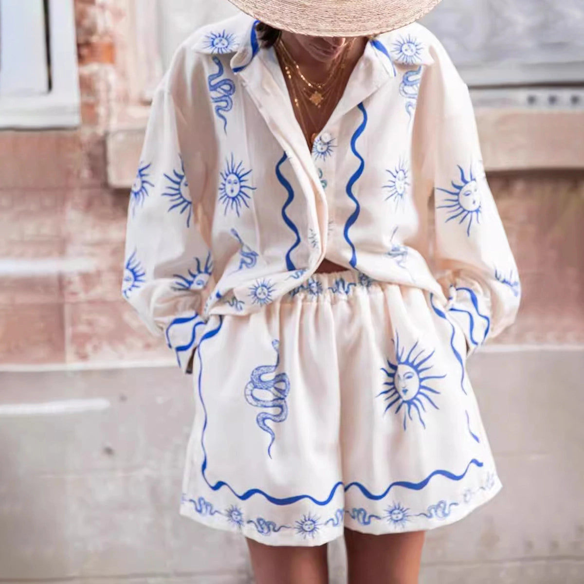 Print Casual Cardigan Shorts Linen Set