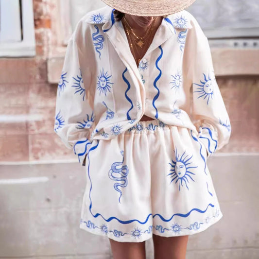 Print Casual Cardigan Shorts Linen Set