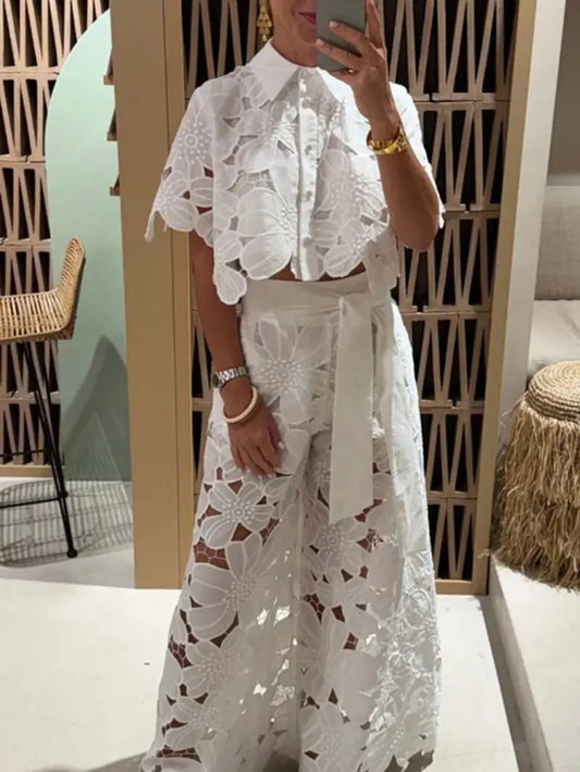Crochet Floral Lace Button-Down Shirts & Wide Leg Pant Set