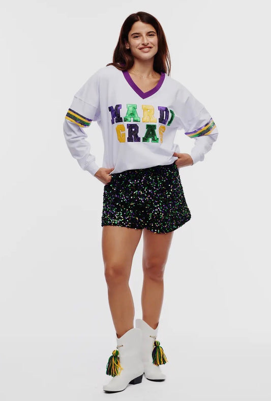 Bright Mardi Gras Sequin Long Sleeve Top