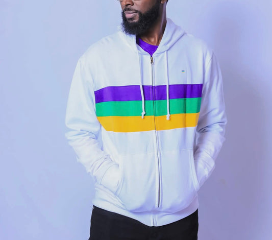 White Chest Stripe Zip Up Hoodie