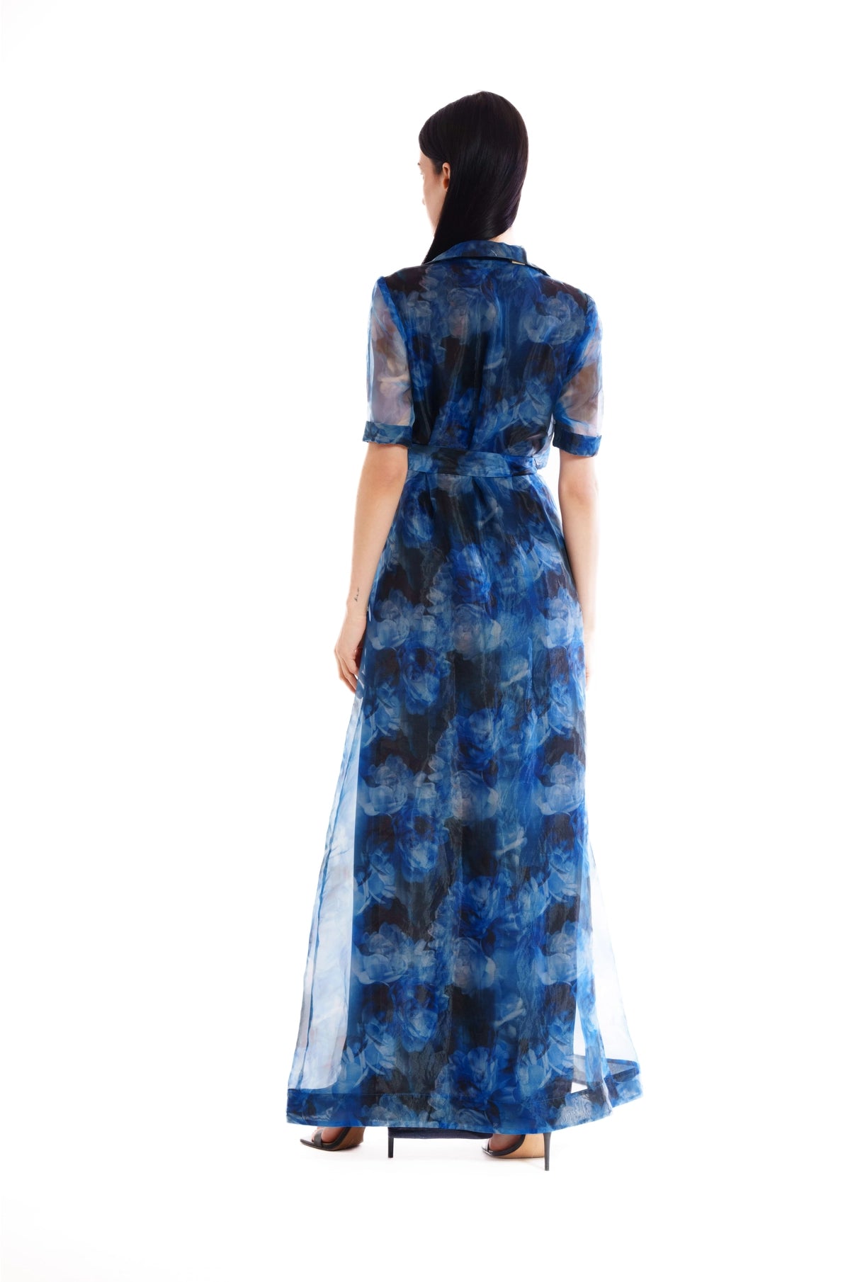 Short Sleeve Printed Organza Shirt Dress Long