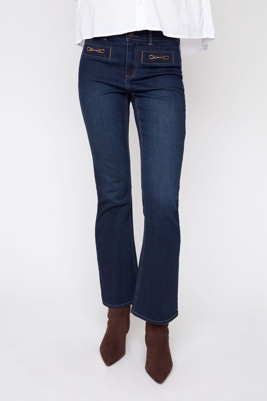 Bootleg Horsebit Detail Denim Pants