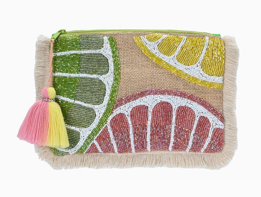 Jute Hand Beaded Fruit Fringe Pouch with Tassel