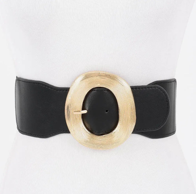 Wide Metal Round Buckle Stretch Belt