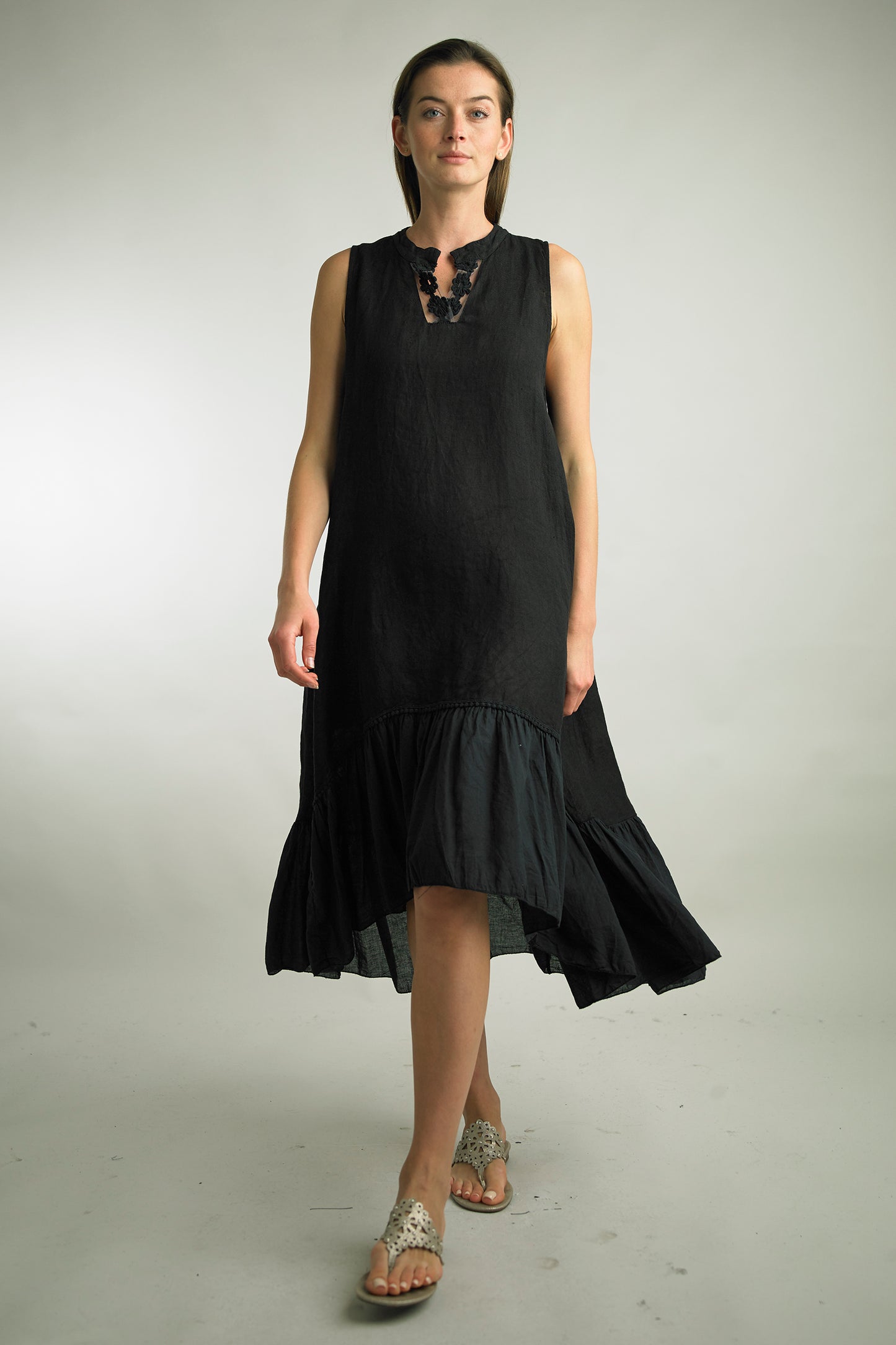 V Neck Cut Linen Dress